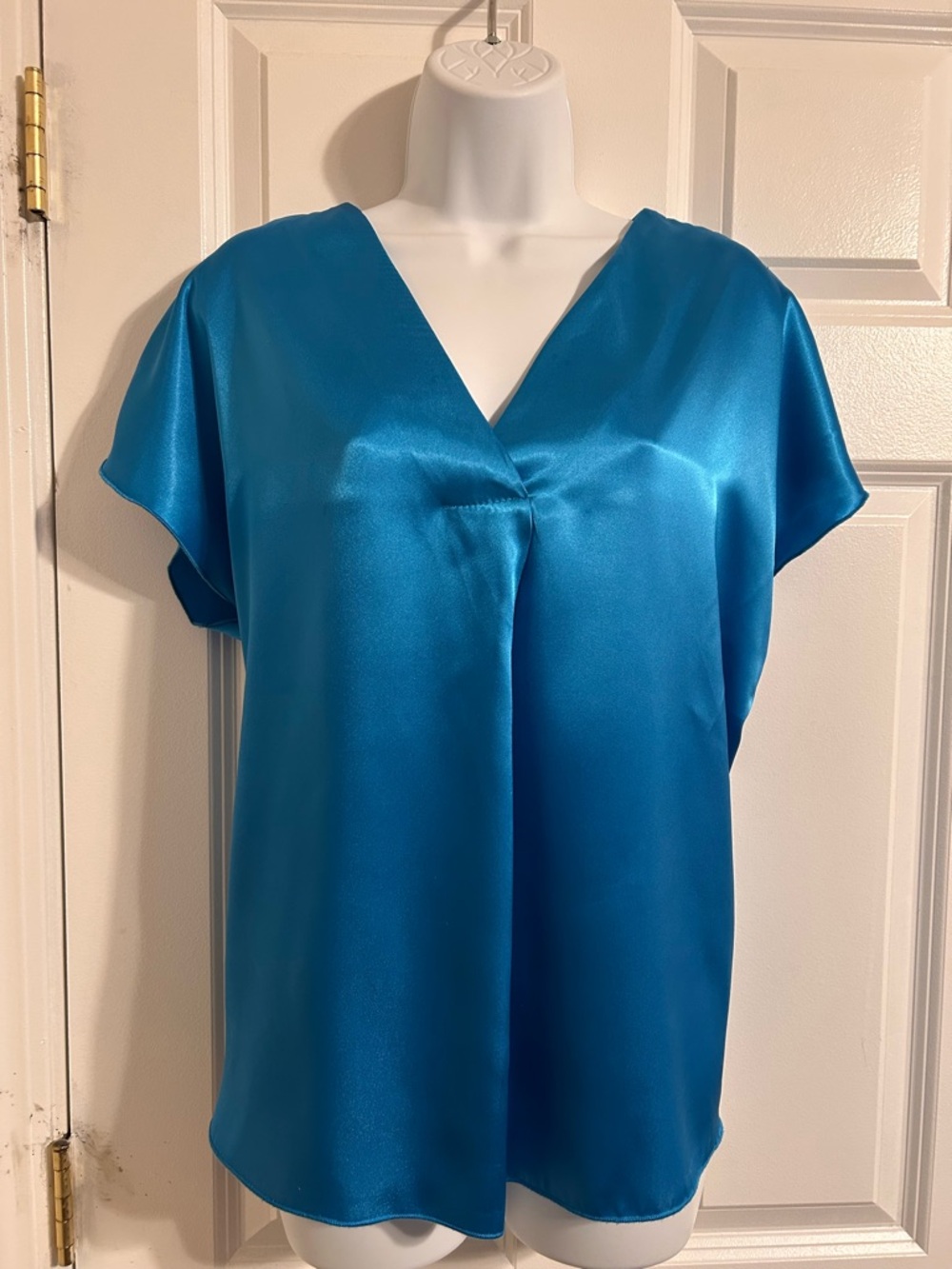 Nicole Miller Satin V-Neck Blouse in Teal Blue